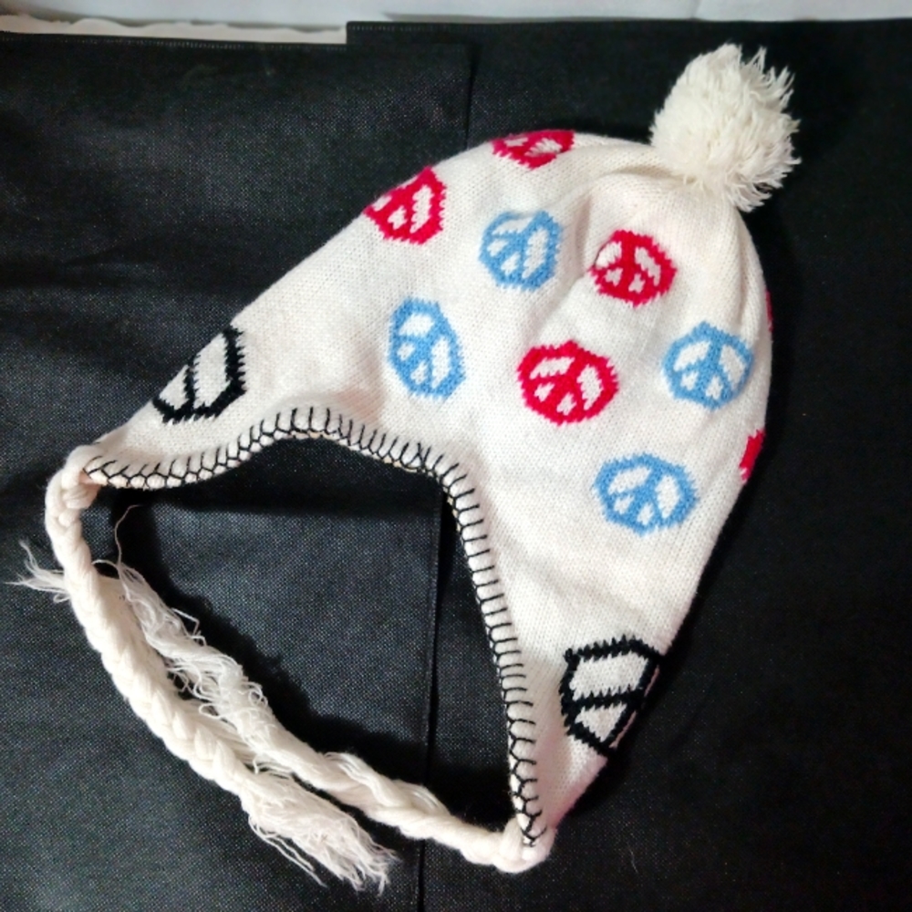 Winter Wear Hat Minky Knit Cap Ear Cover Trooper Peace Design White